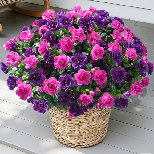Artificial Fake Outdoor Flowers Plants, Faux Silk Camellia Bundles UV Resistant No Fade Realistic for Planter Pot Outside Porch Patio Balcony Garden Yard Home Decor, 3 Large Bundles (Purple+Fuchsia) - color: Purple+fuchsia
