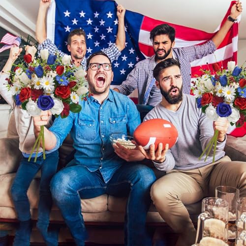 8PCS Patriotic Artificial Flowers Mixed Bush Red White Blue Rose Tulip Flowers Memorial Day Flower Bouquet for 4th of July Independence Day Grave Home Table Decoration