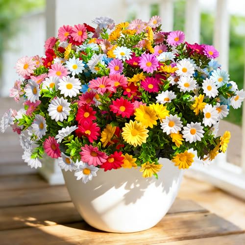 24Pcs Artificial Flowers for Outdoors UV Resistant，Colorful Daisy Fake Flowers Bouquet Weatheroof Faux Flowers for Outdoor Planter Real Touch Silk Flowers for Front Door Garden Proch Patio - color: Mixed, size: 24Pcs
