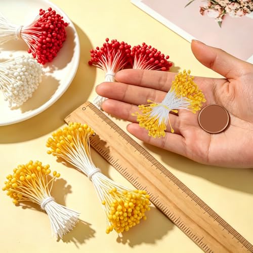 PATIKIL 3mm Double Heads Flower Stamen, 150 Pcs Artificial Flower Stamen Pistil Matt Pearl Floral Stamen for DIY Christmas Card Wedding Decoration, Orange Yellow - color: Orange Yellow