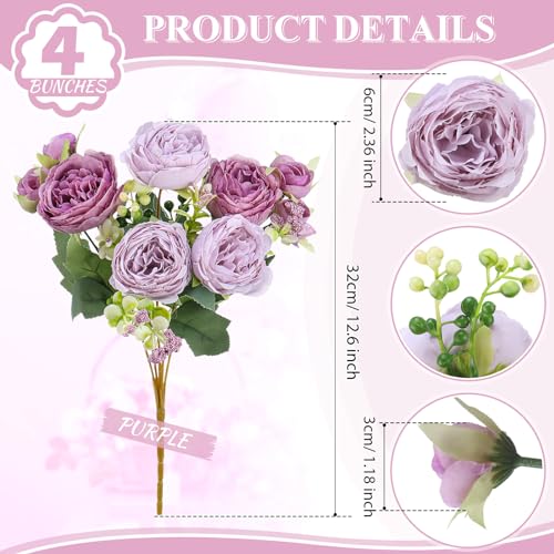 Crowye 4 Bundles Peonies Artificial Flowers Silk Faux Peonies Wedding Artificial Flower Bouquet for Table Centerpiece for Home Wedding Decor Bridal Floral Arrangement(Purple) - color: Purple