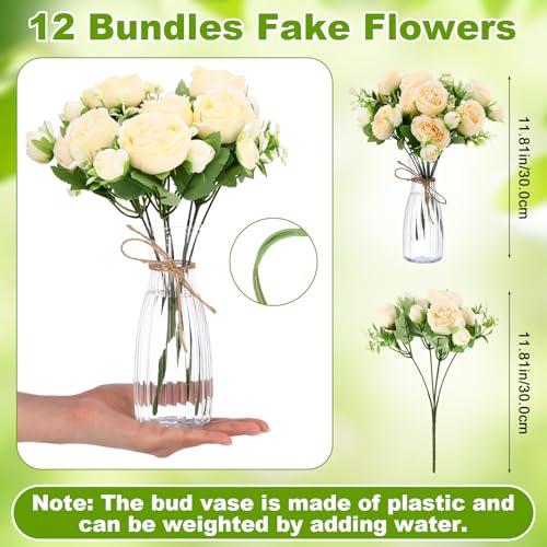 Thiccywoov 19 Pack Artificial Peony Flowers with Vase Bulk, 12 Bundles Faux Peony Bouquet 6 Vase with 1 Rope Silk Flower Arrangement Wedding Table Centerpiece for Wedding Bridal Shower(Champagne) - color: Champagne