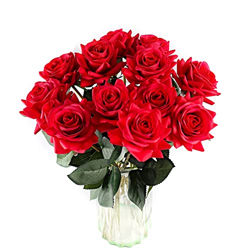 ZMZQ&flw Red Roses Artificial Flowers 12PCS, Real Touch Silk Flowers, Realistic Single Fake Flower with Stems Leaves - color: Red 12pcs