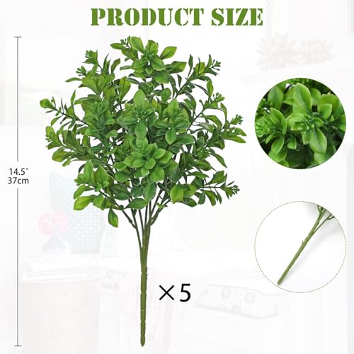 GnFlus Artificial 5Pcs Faux Seeded Eucalyptus Leaves Stems Fake Plants Sharp UV Resistant Faux Plastic Boxwood for Kitchen Office Garden Porch Farmhouse Window Box Home Decor - color: Eucalyptus