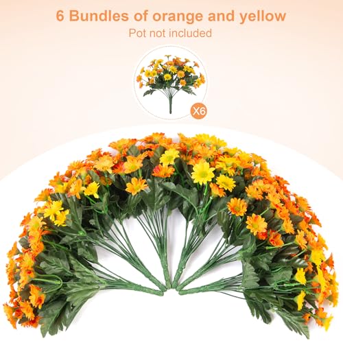 Fake Mums Fall Artificial Flowers for Outdoor Decoration, 6 Bundles Faux Silk Daisy Flowers Realistic UV Resistant No Fade Fall Fake Plants for Home Patio Porch Garden Window Box Decor(Yellow Orange) - color: Yellow Orange