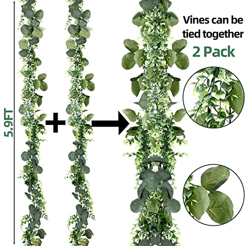 2 Pack 6 ft Artificial Eucalyptus Garland with Lights Spring Summer Green Faux Garlands Fake Eucalyptus Greenery Leave Vine Garland for Wedding Party Indoor Outdoor Home Table Fireplace Mantel Decor