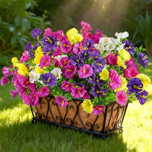 Der Rose 12 Bundles Artificial Petunias Flowers for Outdoors UV Resistant Fake Morning Glory Realistic Petunias Flowers with Trumpet Blooms for Window Box Planter Filler Porch Patio Fence Decor - color: Multi-color D
