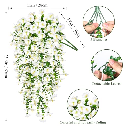 TOCHGREEN Artificial Fake Hanging Flowers Plants for Outdoor Decoration 2PCS Faux Silk Morning Glory Flowers UV Resistant Hanging Plants for Home Porch Patio Garden Planter Decor (White, 2PCS) - color: White, size: 2PCS