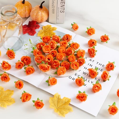 SITUMEIZI 100 Pcs 1.3 inches Mini Orange Roses Head Fall Orange Roses Artificial Flowers for Wedding Decor, Graduation Cap, Cake, DIY Flower Wall Mother's Day Home Party Decor - color: Orange