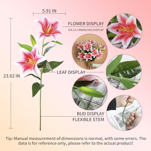 BloomLife Artificial Lily Flowers, 6 Stems with 12 Flowers & 6 Buds Total, Realistic Fake Flowers for Home Decor, White or Pink, 23.6" Tall, Wrinkle-Free & Bendable Stems for Vase Arrangements (Pink)