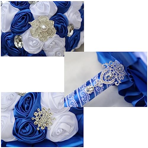 Royal Blue and White Bridal Wedding Bouquet with Silver Brooch Bling Rhinestone Bouquet for Bride Bridesmaid Quinceanera Satin Rose Flower Bouquet Wedding Royal Blue and White 7.5in - color: Royal Blue & White(silver Brooch), size: Diameter: 7.5 inches
