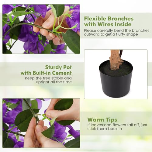 Goplus 53” Bougainvillea Artificial Tree, Faux Silk Flower Tree in Pot w/ 576 Flowers, 288 Leaves, Tall Fake Floor Plant, Artificial Plants for Indoor Outdoor Bedroom Living Room Decor, Purple - color: Purple, size: 1 Pack