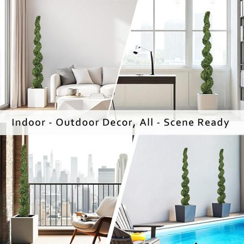 7ft Tall Artificial Spiral Topiary Trees Outdoor Set of 2, Faux Boxwood Plants for Front Porch & Indoor Home Decor, UV-Resistant 7 Foot Large Fake Plants for Patio, Garden, Entryway Decor - color: Light Green, size: 7ft