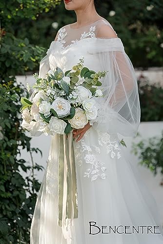 14 Inch White Bridal Bouquet,Wedding Bouquet,Bride Bouquets for Wedding Ceremony Anniversary, Party and French Rustic Vintage Wedding,Artificial Flowers - color: White & Greenery, size: 14 Inch
