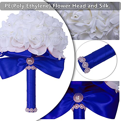 Wedding Bouquets for Brides or Bridesmaids Pearl Embellishment Roses Bridal Bridesmaid Wedding Hand Bouquet Artificial Fake Flowers.(Blue) - color: Blue