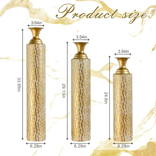 Tall Floor Vases Set of 3 for Decor Living Room Floor, Gold Vases Home Decor, Embossed Body Pattern, 33.85" H/29.13" H/24.8" H Geometric Cylinder (Gold 4) - color: Gold 4