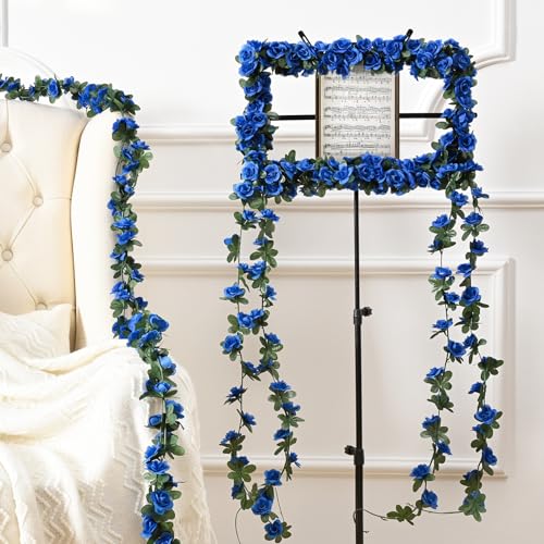 MARTINE MALL Flower Garland Rose Vines, 5 Strands 41Ft Flowers Vines for Bedroom, Rose Flower Garland Decoration, Sapphire Rose Floral Garland for Room Table Birthday Wedding Party Garden Wall Decor - color: Sapphire, size: 5 Packs