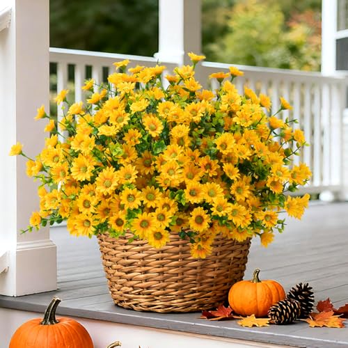 Artificial Mums Fall Fake Flowers for Outdoors, 10 Bundles Faux Mums Autumn Decorations,UV Resistant Silk Flowers Plastic Plants for Outside Front Porch Garden Patio Home Planters Decor (Yellow) - color: Yellow