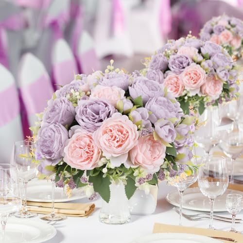 Artificial Peonies Silk Flowers, Faux Peony Bouquet 4 Bundles Florals Arrangements Decor for Farmhouse Home Boho Wedding Table Centerpiece, Fake Plastic Flowers Bulk for Vase Decoration (Pink Purple) - color: Pink Purple, size: 4PCS