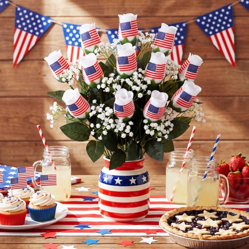 Suhine 12 Pcs 4th of July Rose Flowers Patriotic Table Centerpieces Independence Day Party Decorations Supplies Artificial USA Flag Flowers Gifts for Veterans Election Memorial Day (4th July, Normal) - color: 4th July, size: Normal