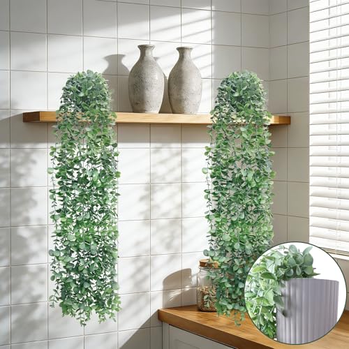 Artificial Hanging Plants for Shelf, Fake Potted Greenery 2-Pack Faux Eucalyptus Vine in Black Pot, Décor for Office Living Room Bathroom Indoor Outdoor - color: 2-pack Eucalyptus Vine