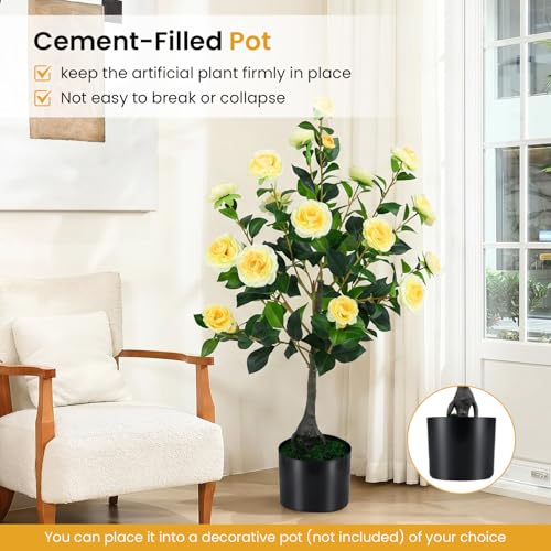 Goplus 35.5’’ Artificial Camellia Tree, Flower Plants Artificial Tree, Faux Floral Plant Blooming Tree in Cement Pot, Greenery Potted Plant for Indoor Outdoor Office Home Porch Decor - color: Yellow, size: 35.5 inch×2