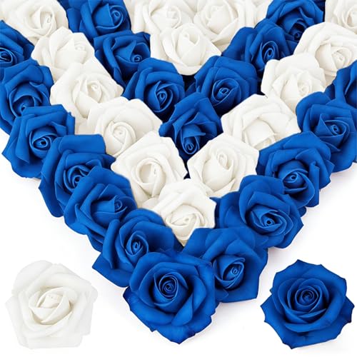 100Pcs Real Looking Blue and White Blend Artificial Rose Flower Heads, Foam Fake Roses for DIY Wedding Decorations Baby Shower Centerpieces Home Party Valentine's Day Mother's Day Decor - color: 100pcs Blue and White Ombre