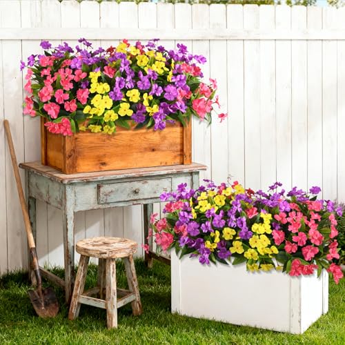 Hommyea Artificial Fake Flowers for Outdoor, 6 Bundles UV Resistant Faux Plants Decoration Silk Flowers No Fade Plastic Flowers for Outside Planters Home Porch Patio Yard Garden Decor - color: Rose Purple Yellow