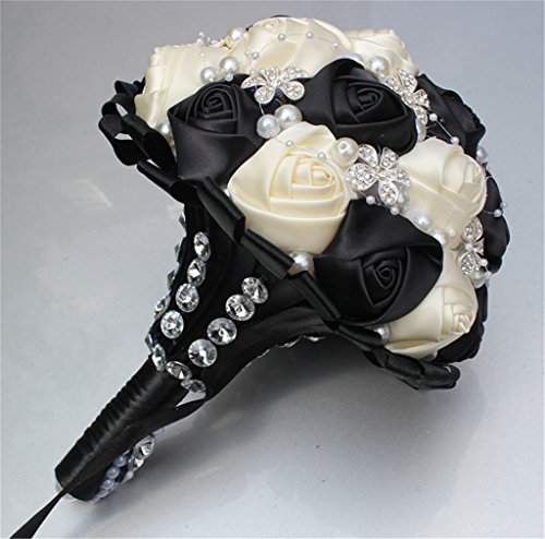 S_SSOY Wedding Bouquet Bride Bridal Brooch Bouquets Bridesmaid Bouquet Diamond Pearl Ribbon Valentine's Day Confession Party Church with Free Corsage Flower, Black+White - color: Black+white