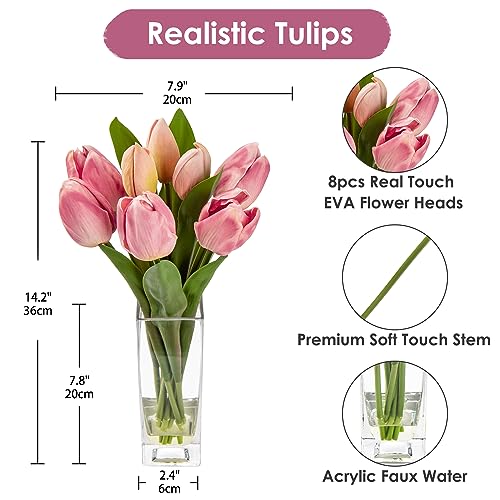 Briful Fake Flowers Artificial Tulip Flower in Clear Vase, Greenish Pink Real Touch EVA Tulip Arrangement Suitable for Home Office Autumn Decoration, Dining Table Centerpiece - color: Greenish Pink