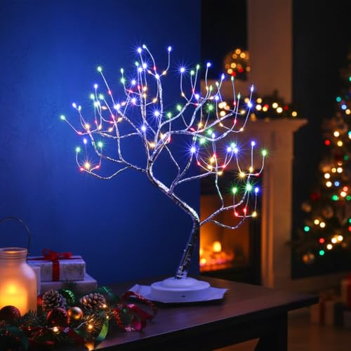 FuChsun Tabletop Bonsai Tree Light 108 LED Fairy Artificial Tree Lamp fot Room Party Home Centerpieces Decoration, Battery/USB Operated (Galaxy Glow Silver Branch) - color: Multicolor Glow-silver Branch