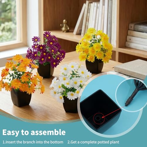 LOYWREE 4 Pack Small Faux Plants Spring Artificial Daisy Flowers Fake Plants Indoor Bathroom Accessories for Home Room Office Desk Decor(Black Square Pot) - color: Mums, size: Black Pot