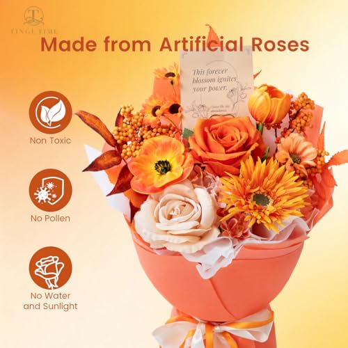 TINGE TIME Preserved Flowers Bouquet, Sunflower and Rose Bouquets, Orange Artificial Flowers Bouquet for Table Centerpiece Mothers Day Gifts Birthday Gifts Wedding Anniversary Housewarming - color: Brunt Orange