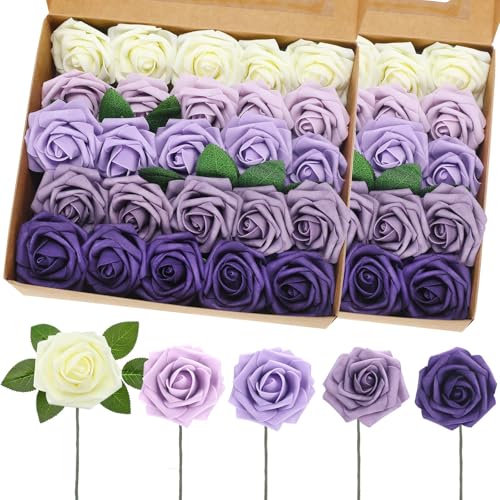 50 Pcs Artificial Foam Rose Flower Faux Bouquet Wedding Fake Rose Gift for Mother's Day Women DIY Bridal Shower Party Table Birthday Home Spring Decor (Shades of Lavender) - color: Shades of Lavender