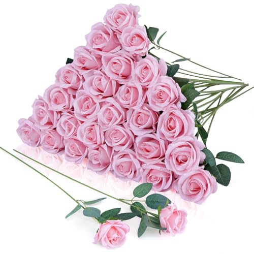30pcs Fake Roses Artificial Silk Flowers Long Stems Bouquet for Wedding Bridal Shower Party Home Decoration (Pink) - color: Pink