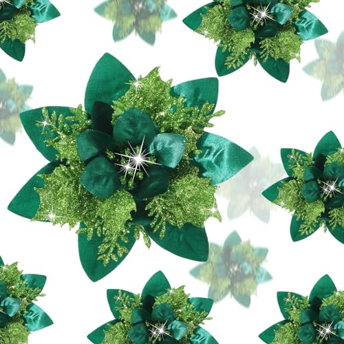 Geosar 36 Pcs Christmas Glitter Artificial Poinsettia Flowers Xmas Poinsettia Artificial Wedding Flowers Decorations Xmas Tree Ornaments with Clips for Party, 6 Inch, 4 Inch, 3 Inch(Grass Green) - color: Grass Green