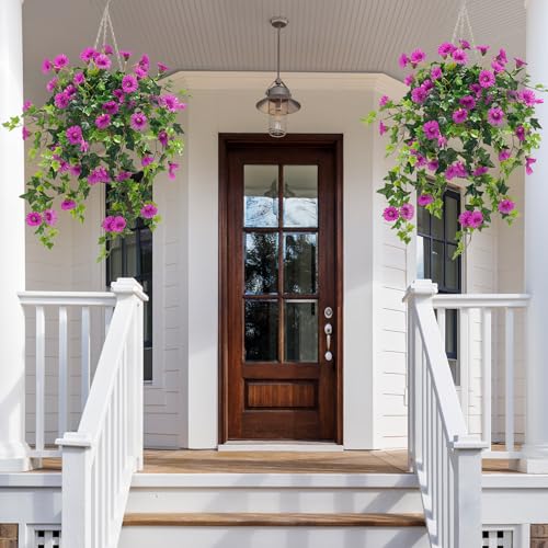 Ttranewsoo Artificial Flowers Faux Outdoor Plants Artificial Petunias for Outdoors Uv Resistant Fake Petunias Plants Hanging Flower Patio Decor Outside Basket Realistic Silk Plant No Pot(Purple 2pcs)