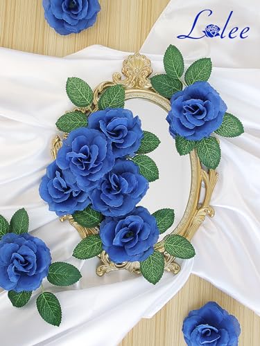 LELEE 108pcs Roses Head Flowers with Stem - Royal Blue Artificial Flowers Rose Bulk - Silk Rose Fake Flower for Wedding Bouquet Party Home Decor DIY Baby Shower Centerpieces Tables Decoration - color: Blue