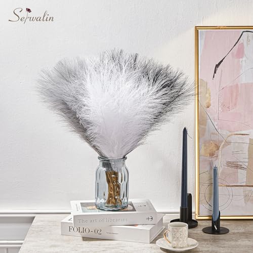 Serwalin 60Pcs Black Pampas Grass Decor, 17'' Faux Pampas Grass, Fluffy Artificial Pompous Grass Vase Filler Flower Arrangement for Living Room Decor Wedding Party Home Decor (Black＆White＆Gray) - color: E Black & Grey & White
