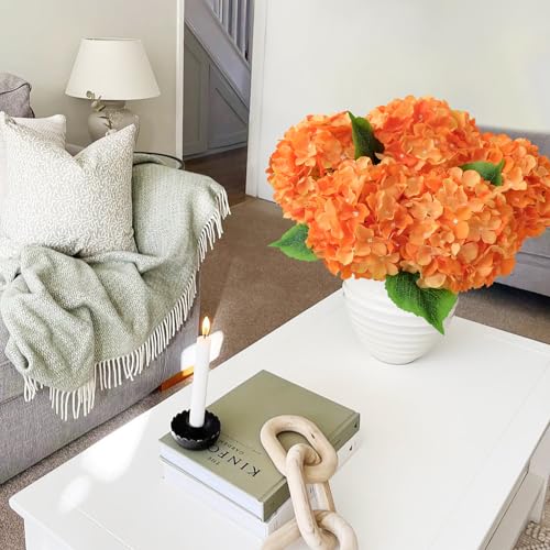 JINWOE 5Pcs 20Inch Orange Artificial Hydrangeas, Full Silk Flower Heads with Stem, Halloween Fake Hydrangea Flowers for Wedding Home Garden Centerpiece Floral Arrangements - color: Orange