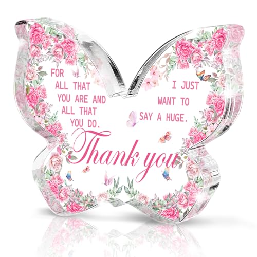 Butterfly and Flowers Acrylic Thank You Gift for Women, Pink Decoration, Can Be Used as Desk Sign for Office, Teacher, Nurse or Friend, 4.7x3.2 Inch - color: White blue