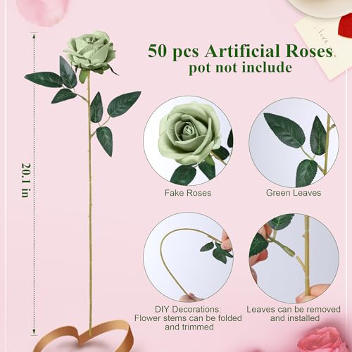 50 PCS Green Roses Artificial Flowers, Fake Roses with Stem Realistic Silk Roses for DIY Wedding Bouquets Tables Centerpieces Arrangements Baby Shower Birthday Home Decor Valentine's Day Gift for Her - color: Elf Green