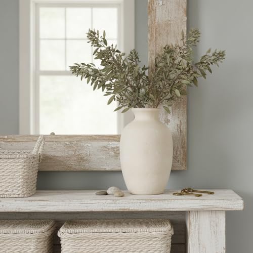 Ceramic Vintage Flower Vase Home Decor, 8.38" Rustic Terracotta, Antique Vase for Table, Living Room, Shelf, Mantel Decoration, Farmhouse- Grayish White - color: Off-white- 8.38"