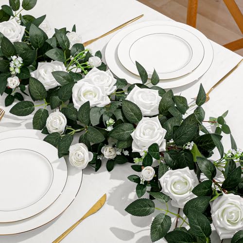 2 Pack 11.2 Ft Artificial Flower Garland with White Roses, Realistic Fake Greenery Vines with 17 Roses Flowers for Wedding Table Centerpieces Arch Party Ceremony Backdrop Decor(White) - color: White