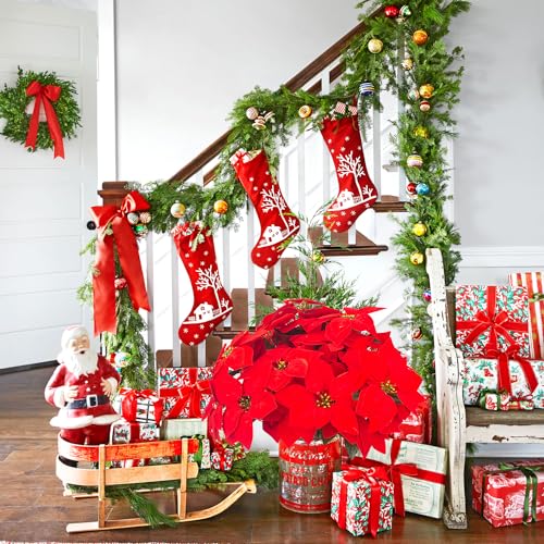 Grunyia 5 Artificial Poinsettia Flowers Bouquet Christmas 7 Heads 19.6”Faux Red Poinsettia Bush Fake Flowers for Home Porch Xmas Tree Garden Indoor Outdoor Office Christmas Decorations