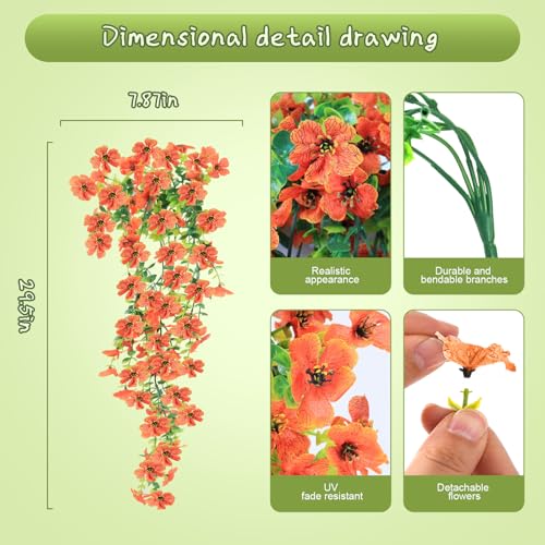 Artificial Hanging Flowers for Outdoors, 6PCS Faux Silk Artificial Flowers for Outdoors, UV Resistant Fake Flowers, No Fade Trailing Greenery, Decor for Home Porch Patio Balcony Garden Yard - color: Orange