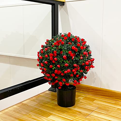 Sunnyglade 21.6” Tall Artificial Rose Topiary Ball Tree Set of 2 Pack Potted Bushes UV Resistant Potted Plants for Indoor Outdoor Home Garden(Red) - color: Red