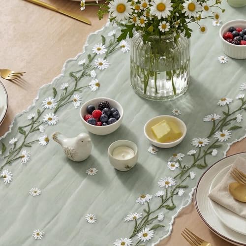 Artoid Mode Daisy Floral Sage Green Shaped Gauze Embroidery Table Runner 120 Inch 10FT, Tulle Spring Summer Kitchen Dining Table Decor for Home Party - color: Sage Green