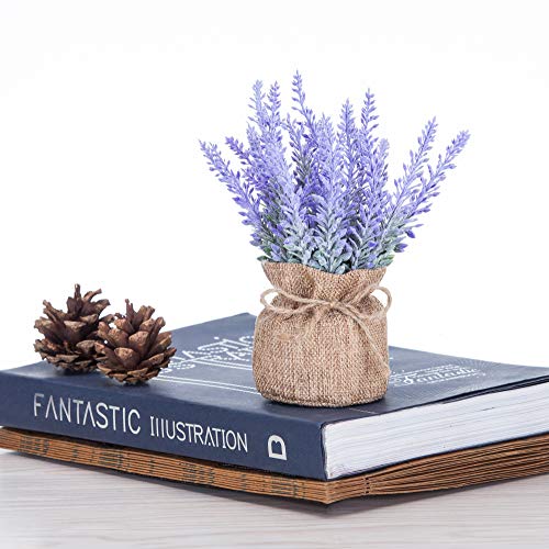 Artificial Mini Potted Flowers Plant Lavender for Home Decor Party Wedding Garden Office Patio Decoration(Linen Pot)