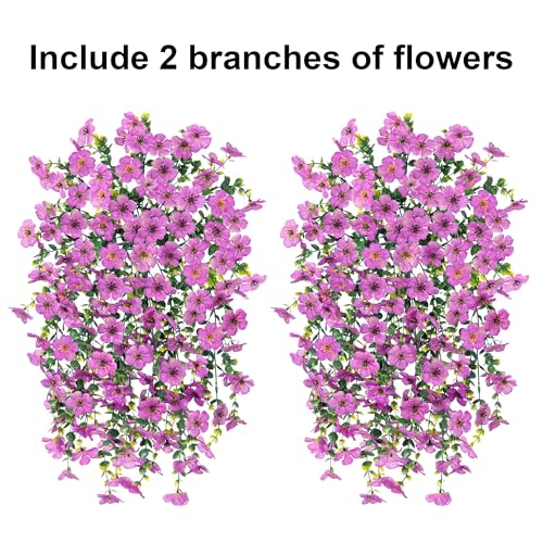 Artificial Faux Hanging Flowers Plants for Outdoor Decor, 2 PCS Outside Fake Silk Violets with Eucalyptus UV Resistant Realistic Daisy Trailing Vines for Planter Front Door Balcony Patio Yard, Purple - color: Purple